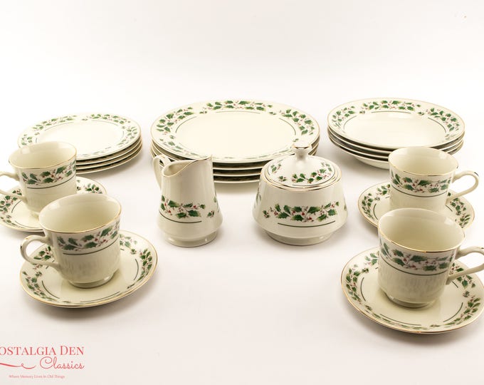 Holly Leaves and Berries Holiday Dinner Set - Vintage Share the Joy Dinnerware by Caldor - 23 Pieces