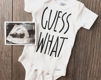 Guess What Pregnancy Announcement Onesie® / Bodysuit / Pregnancy Reveal / New Baby / Surprise Reveal / Gift For Family / Baby / New Dad