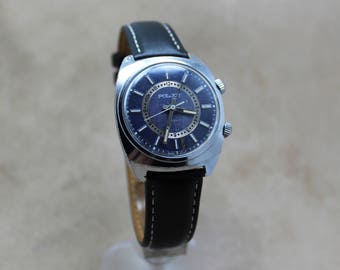 Vintage wrist watch "Poljot" with mechanical alarm, "blue jeans" dial color, 1980s, made in USSR, watch serviced.