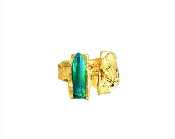 Artemis Greek Bronze Ring Handmade with Aqua Aura Crystal