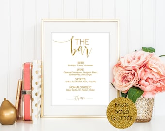 SALE 11"x14" Gold Glitter Bar Menu Sign, Drinks Menu Sign, Alcohol Sign, Bar Menu Printable, Editable sign template, Wedding Sign Printable