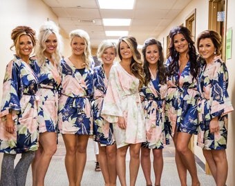 FREE SHIPPING -Add CUSTOMIZATION- Floral Satin Bridal Robes - Silk Floral Robe - Dressing Gown - Bridesmaid Robe - Satin Kimono Robe