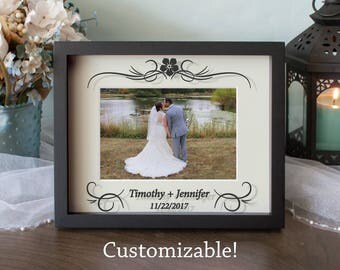 Personalized Wedding Picture Frame, Center Flower, Anniversary Frame, Shadow Box, Vinyl on Glass, 8x10, 11x14