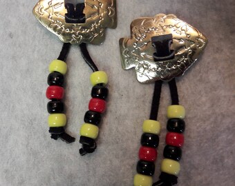 Kansas City Chiefs Western Gold Concho Earrings / Black, Red, Gold / Suede Cord Earrings / Arrowhead Boho Leather Dangle