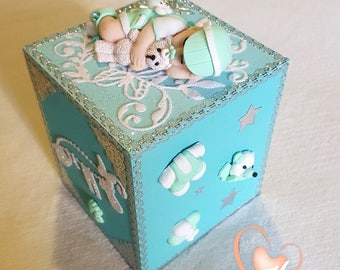Piggy bank green boy with his bear - the heart of the arts