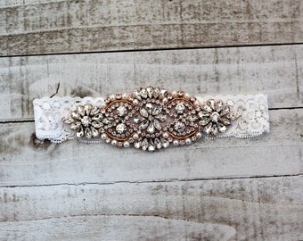 SALE - Rose Gold Bridal Garter, Lace Wedding Garter Set, bridal garter set, vintage rhinestones, pearl and rhinestone garter set
