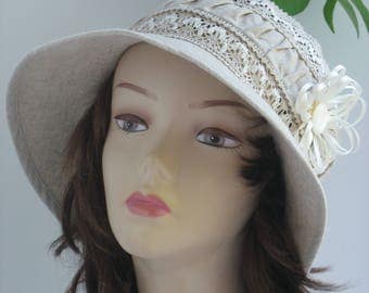 Royal Ascot Hat Summer Lace Hat Wedding hat beige hat Racing derby hat Tea Party hat 1920s style hat downton abbey hat Romantic summer hat