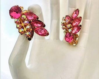 Vintage Beau Jewels Earrings Pink AB Rhinestones 1950's Mint Cond DAZZLING
