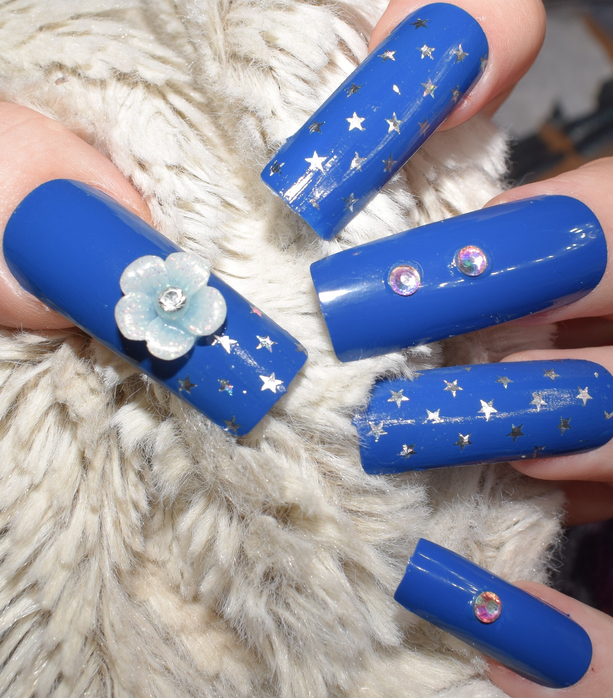 Blue Fake Nails, Extra Long False Nails, Hand Painted & Decorated Press