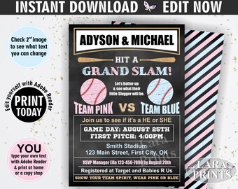 INSTANT DOWNLOAD / edit yourself now / Baseball / Gender reveal / Baby shower / invitation / invite / chalkboard / pink / blue / sports SSP1