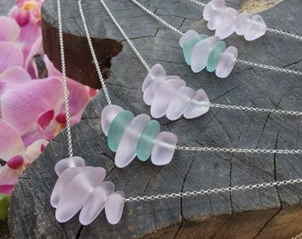 Pink Sea Glass Necklace, Sterling Silver Dainty Necklace, Mermaid Pink Necklace, Summer Jewelry, Bridesmaid Gift Set Pink Bridesmaid Jewelry