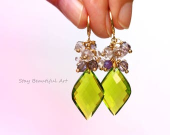 Peridot Quartz With Pink and Purple Amethyst Gold Plated Cluster Earrings Summer Gemstone Jewellery Green Pink Purple Earrings