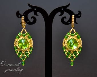 Crystal Rivoli earring Beaded Summer outdoors jewelry Summer party Seed Bead Earring Gold Green Dainty earrings Everyday Cute earrings