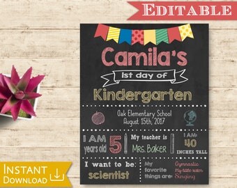 First day of School Sign Editable Chalkboard Unisex Back to School 1st day of School, DIY Printable Photo, Primary colors, Flags