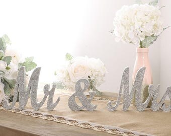 Large Vintage Silver Glitter Mr and Mrs Signs for Wedding Sweetheart Table Decor/Mr and Mrs Letters/Mr and Mrs Wooden Sign/Ship From USA
