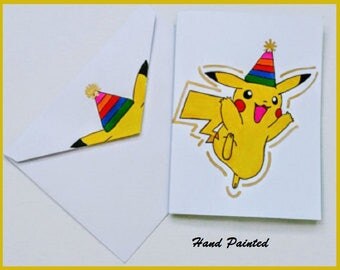 Pokemon Pikachu Card/ Matching Envelope,Pikachu Birthday Card,Pikachu Art,Hand Painted Pikachu,Birthday Card,Blank Card,Pokemon Card