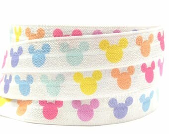 Rainbow Mickey LLR Fold Over Elastic Ribbon FOE Headband Hair Ties 5/8 inch