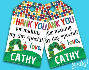 The Very Hungry Caterpillar Thank You Tags, The Very Hungry Caterpillar Birthday Favor Tags, The Very Hungry Caterpillar Birthday Party Tags