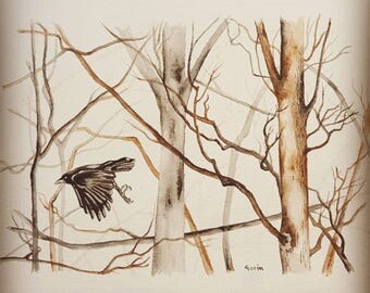 THE LAST LEAVES, watercolor, woods, wall art, homedecor, tree, paper, lámina, acuarela, original artwork, crow, flying, cuervo, mother's day