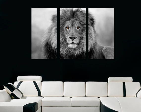 African Lion Wall Art Canvas Print Black & White 3 Panel