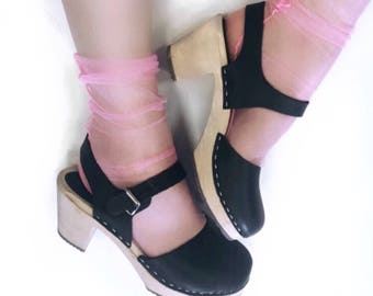 Swedish Clogs Highwood Black Leather by Lotta from Stockholm / Wooden Clogs / Sandals / High Heel / Mary Jane Shoes / Made in Sweden /
