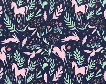 Unicorn Fabric, Michael Miller Fabric, Magic Folk, Metallic Fabric, Magic Sarah Jane 100% cotton woven with metallic, Unicorn Navy Fabric