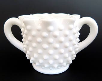 Vintage Fenton Hobnail Milk Glass Sugar Bowl with Handles