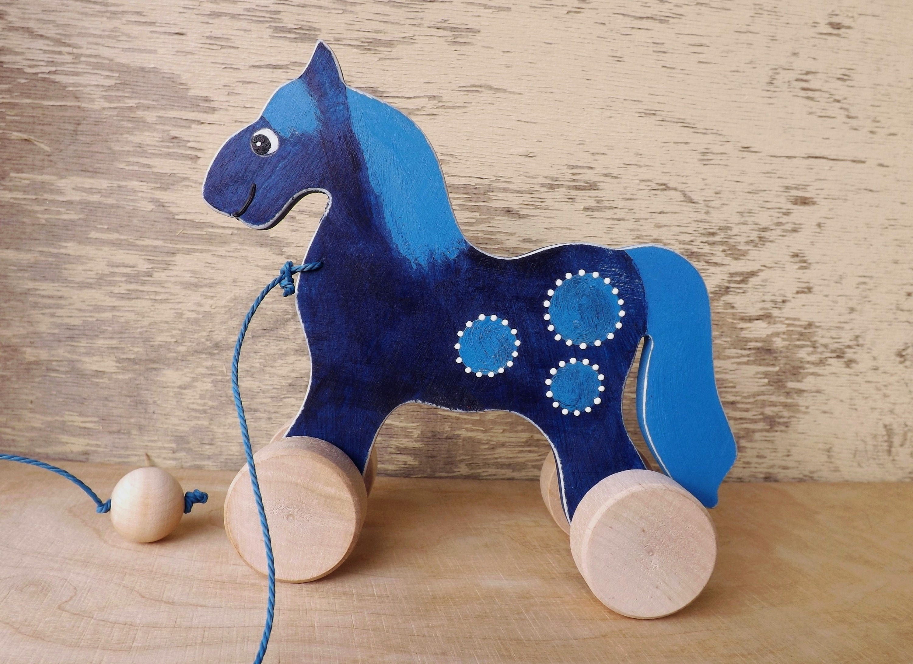 Wood pull along toy Horse in Blue hand cut handpainted toys