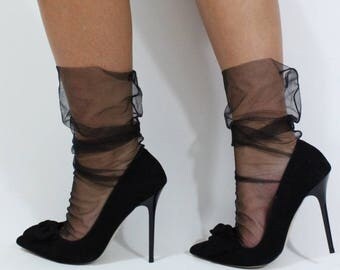 BLACK - Black Seam Tulle Sheer Socks, Black Seam Stockings, Black Seam Tights, Valentines Day Lingerie, Funky Fashion Socks, Evening Socks