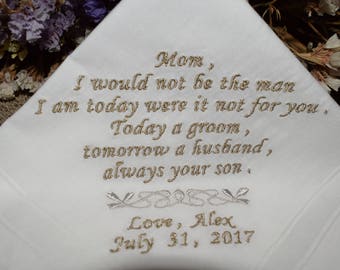 Embroidered Wedding Hankerchief, Mother of the Groom, Gift From the Son, Weddings Handkerchiefs, Personalised Hankie, In Order, Wedding Gift