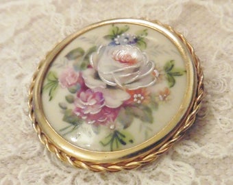 Broche Vintage Floral Signée M.FAURE Limoges - Porcelaine Rose, Parfait état