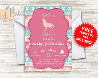 Wild One First Birthday Invite 5x7 Personalized Digital Girl's Wild One 1st Birthday Invitation