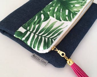Green Leaf Foldover Denim Clutch - Tropical Denim Clutch Bag - Ladies Fold over Clutch Bag
