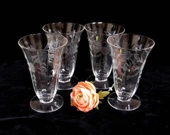 Set of 3 Cut and Etched Iced Tea / Milk Shake / Tumblers / Water Glasses / Stemware Elegantly Designed Glass from the 1940's
