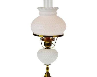 Mid Century Hobnail Milk Glass Table Lamp with Marble Base