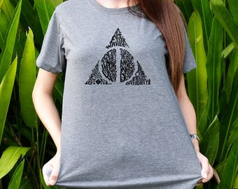 Deathly Hallows with text spell shirt Harry Potter shirts Women&Men t-shirts Shot sleeves tumblr Unisex Adult size S/M/L/XL/2XL