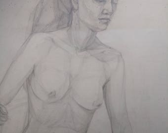 ORIGINAL artistic nude pencil charcoal drawing, women figure, girl, female model pencil drawing , paper, Black and white drawing women