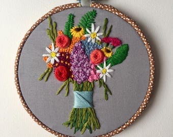 Floral bouquet embroidery hoop art, flowers embroidery hoop, bouquet wall art, flowery art, wall hanging