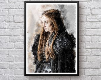 Sansa Stark Game of Thrones Print, House Stark Poster, Sophie Turner, Winter Coming Winterfell Poster Watercolor Canvas Art Print Wall Decor