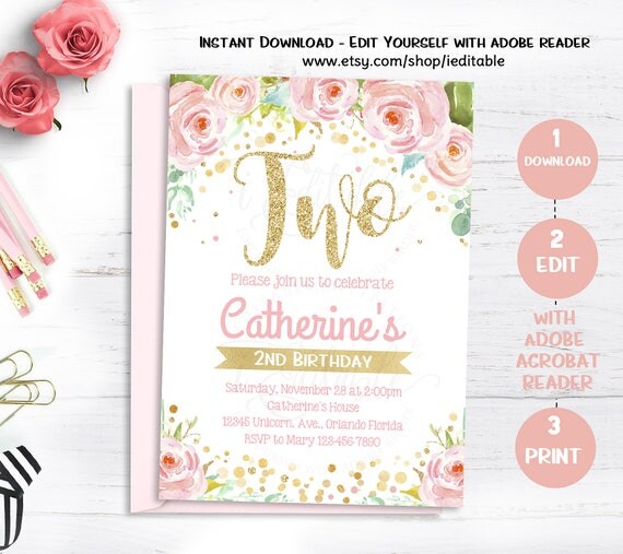 Floral Girls Birthday Invitations Second Birthday Invitation Pink And Gold Flower Invite Pink And Gold Invitations Templates