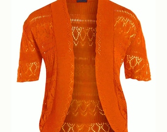 CUTE women's orange cropped half sleeve knit summer crochet shrugs size 14-16 cheap shrugs