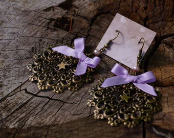 Pink satin bow and engraving filigree bronze earrings