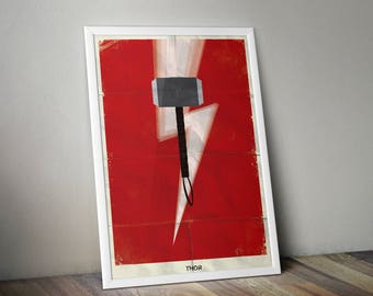 Thor Minimalist Print - Marvel Avengers Poster Print, Thor Film Wall Art, Thor's Hammer and Lightning Minimalist Art Print.