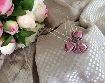 Set of three purple satin flower hair pins