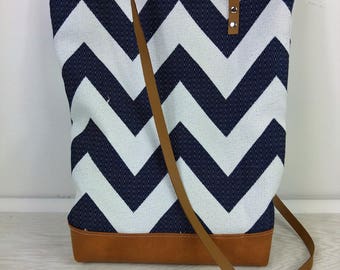 Navy chevron and camel leather bag