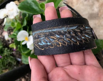 Handmade Black Leather Cuff Bracelet with Design