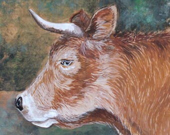 painting on wood: a great cow - Aubrac.