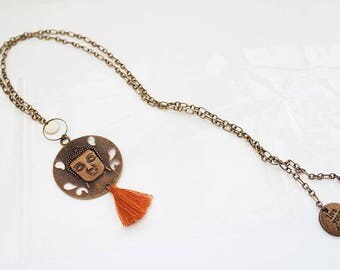 Sautoir ethnique Asiatique - Collection Asiachic - Couleur bronze, crème et ocre orangé