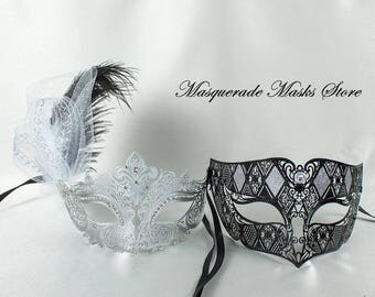 Couples Masquerade Masks, Black and Silver Masquerade Masks for Couple, His and Hers Masqurade Masks, Matching Masquerade Masks