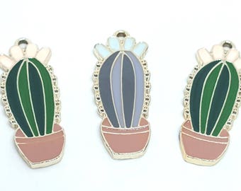 Set of 3 charms pendant cactus succulent metal enameled jewelry designing